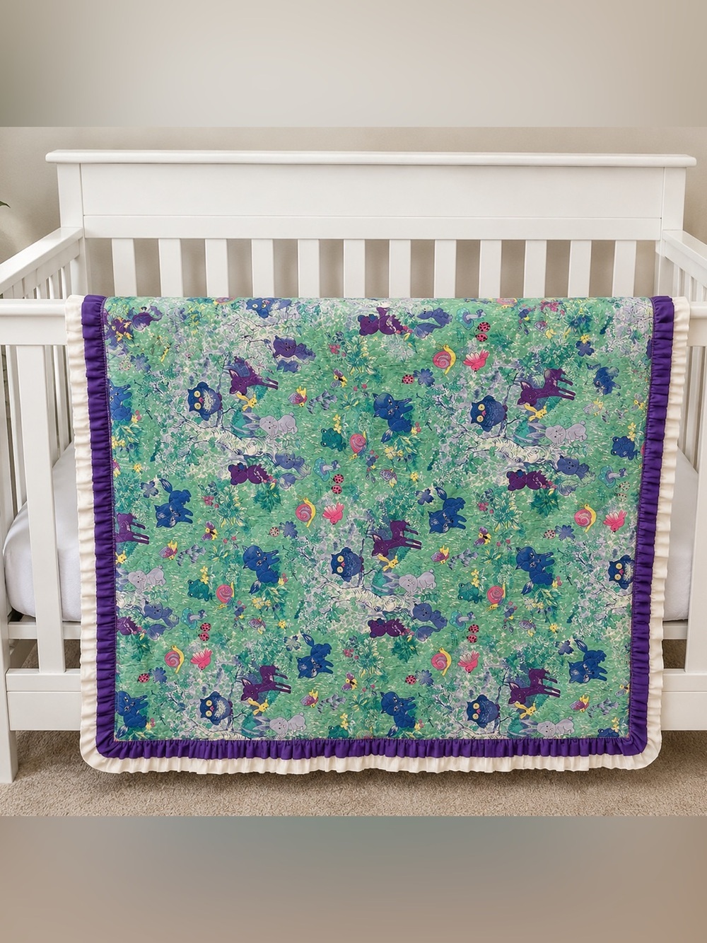Vintage Handmade Woodland Animal Baby Quilt Blanket Ruffle Trim Nursery Cottage